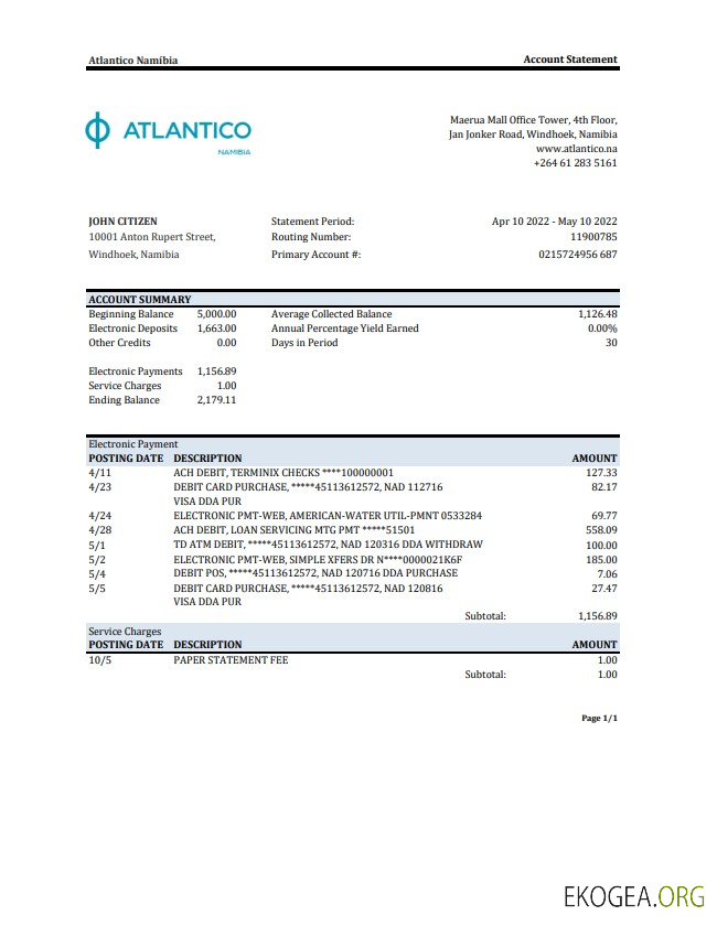 Relevé bancaire d'Atlantico en Namibie XLS